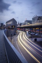 Café ALEX Hamburg Überseebrücke an den Landungsbrücke at the Blue Hour with light strips from