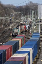 Container trains in the freight yard, so-called installation tracks in Duisburg-Rheinhausen,