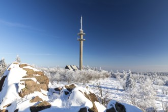 View from Großer Lugstein of the radio tower and the sunny winter landscape with snow-covered