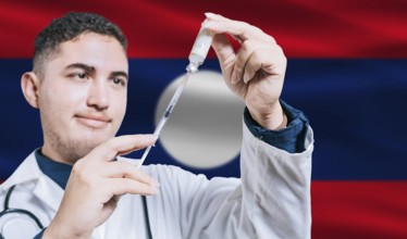 Doctor holding syringe on Laos flag background. Medical professional holding syringe with Laotian