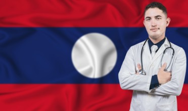 Portrait of medical professional on Laos flag background. Laotian national health system