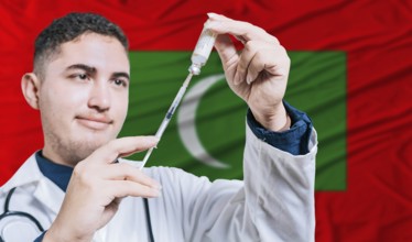 Doctor holding syringe on Maldives flag background. Medical professional holding syringe with