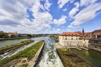 River Main, barrage, general architecture, hilly landscape, forest, total blue sky, cumulus clouds,