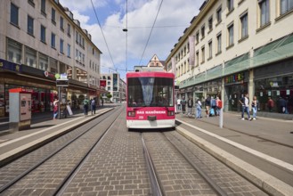 Tram, overhead lines, tram tracks, cathedral tram stop, city center, pedestrian zone, general