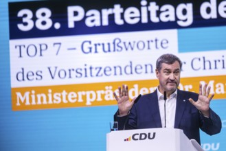 38th Federal Party Congress of the CDU of Germany in Stuttgart. Greetings from Markus Söder, party
