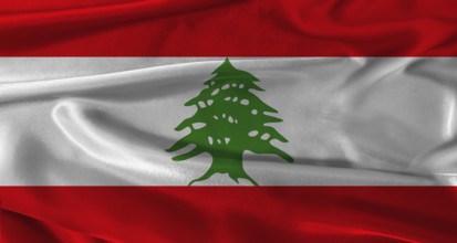 Flag of Lebanon with fabric textured background. Close up of National flag of Lebanon with