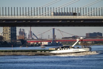 Shipping on the Rhine near Duisburg-Homberg, new A40 motorway bridge, Neuenkamp Rhine bridge, first
