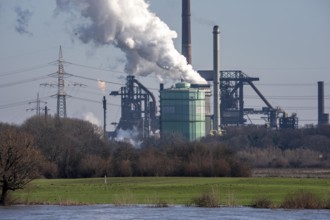 Backdrop of the HKM steelworks, Krupp-Mannesmann steel mill, blast furnaces, gasometer, coking