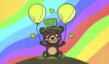 A cheerful cartoon teddy bear in a green hat floats joyfully with two yellow balloons against a