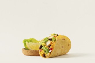 A vibrant chicken taco filled with black beans, rice, lettuce, and peppers, accompanied by a fresh