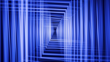 This 3D render features a striking blue tunnel illusion, created by overlapping grids that form a