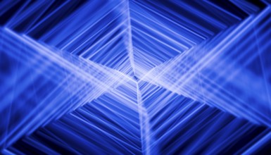 This image features a striking blue-toned 3D render depicting abstract geometrical shapes