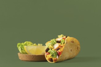A vibrant taco filled with fresh vegetables, chicken, and cheese, complemented by slices of lemon