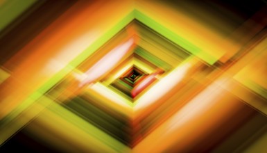 This digital artwork features a 3D render of a geometric tunnel with vibrant, blurred colors that
