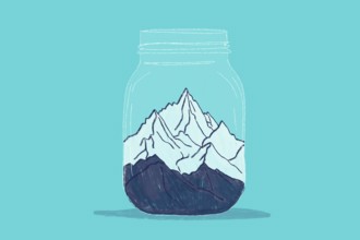 A whimsical illustration of majestic snow capped mountains encased within a glass jar against a