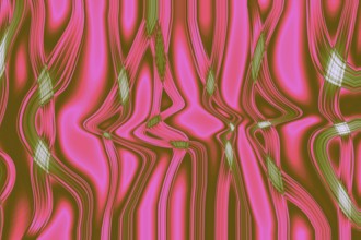 A vibrant abstract pattern with pink and green wavy lines, creating a dynamic visual effect.