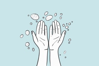 A health-themed illustration depicting two hands surrounded by germs on a light blue background