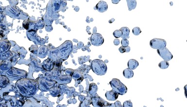 A dynamic composition of abstract blue water drops seemingly floating against a crisp white
