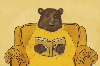 A charming illustration of a bear engrossed in a book while seated in a comfortable yellow armchair