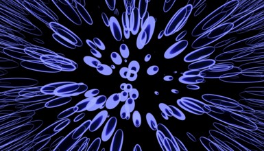 A vivid 3D-rendered image featuring fluid, abstract shapes in shades of blue and purple on a stark