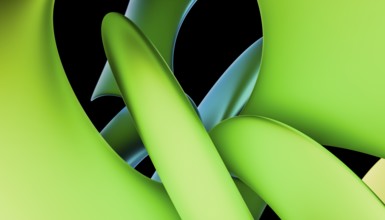An abstract graphic featuring smooth, curvilinear forms in shades of green and lime, set against a