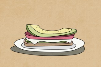 A colorful illustration featuring a sandwich with avocado, tomato, and cheese slices on a plate