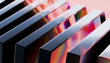 A stunning 3D render featuring sleek metal bars with colorful crystal highlights The reflective