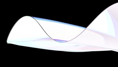 A fluid, glass wave form gracefully curves across a black background. The smooth, translucent