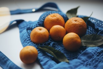 Tangerines rest in a vibrant blue string bag, highlighted by soft natural light, surrounded by