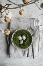 Top view of a beautifully arranged Easter table featuring a bowl filled with grass and speckled