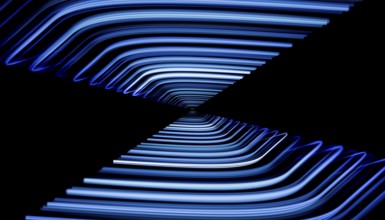 This is a captivating 3D render featuring symmetrical blue glowing lines that fold into a dark