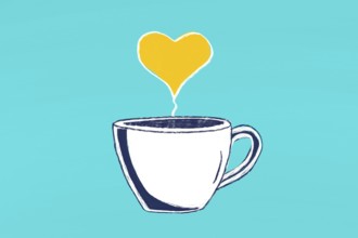 A delightful illustration of a coffee cup on a turquoise background, featuring heart shaped steam