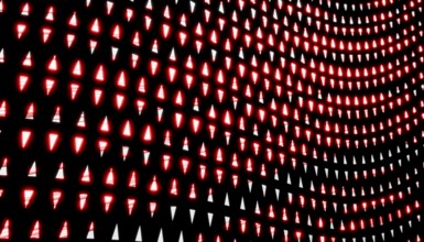 A dynamic 3D render featuring a wave pattern with vibrant red and white light shapes, inspired by