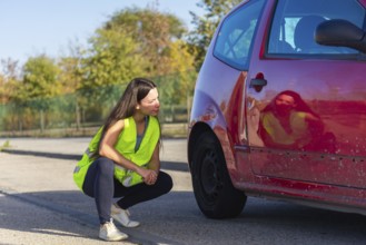 A woman in a high-visibility vest examines the damage on a red car after a minor accident The scene