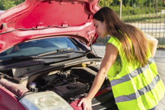A woman in a reflective safety vest inspects a car engine by the roadside, with the hood open,