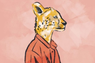 A whimsical illustration of a cheetah wearing a stylish red jacket, set against a soft pink