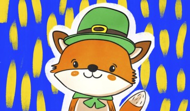 A vibrant illustration of a cartoon fox dressed in a green hat and bow tie for Saint Patrick's Day,
