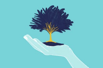 Artistic illustration of a hand gently holding a tree, symbolizing growth, nature, and nurturing.