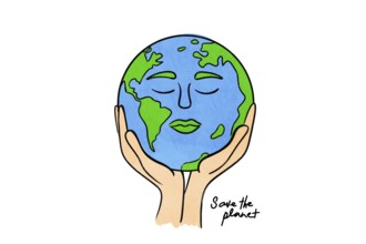 A vibrant illustration of Earth with a face, cradled in hands, symbolizing care and environmental