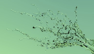 A high-definition 3D render of a liquid splash captured in motion against a smooth mint green