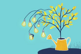 An imaginative illustration of a tree growing from a watering can, its branches bearing light bulbs