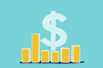 A yellow bar chart with varying heights sits against a teal background, dominated by a large dollar