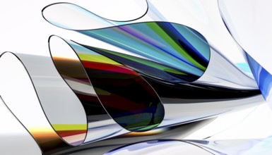 Abstract art featuring dynamic glass like shapes in vibrant colors, elegantly flowing across a