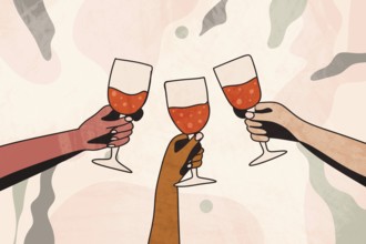 An artistic illustration depicting three hands raising wine glasses in a toast, symbolizing