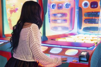 Girl enjoys her time playing at a vibrant, colorful arcade game The bright lights and lively