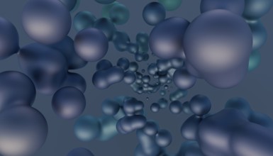A 3D rendered image featuring clusters of fluid, overlapping spheres in muted blue tones, creating