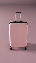 A 3D-rendered front view of a stylish pink suitcase with wheels and an extended handle, showcasing
