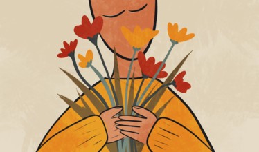 A stylized illustration of a person gently holding a bouquet of vibrant red, yellow, and orange