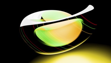 A dynamic, abstract digital illustration with bright green, orange and yellow hues on a dark