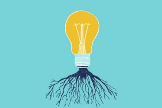 Illustration of a yellow light bulb with black roots on a blue background, symbolizing innovation